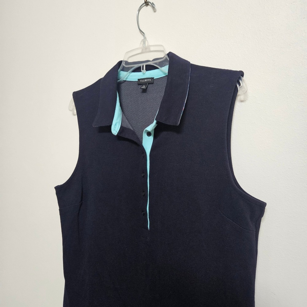Talbots Womens XL Navy Blue Sleeveless Polo Dress Pique Knit Aqua Trim Sporty - Picture 3 of 8